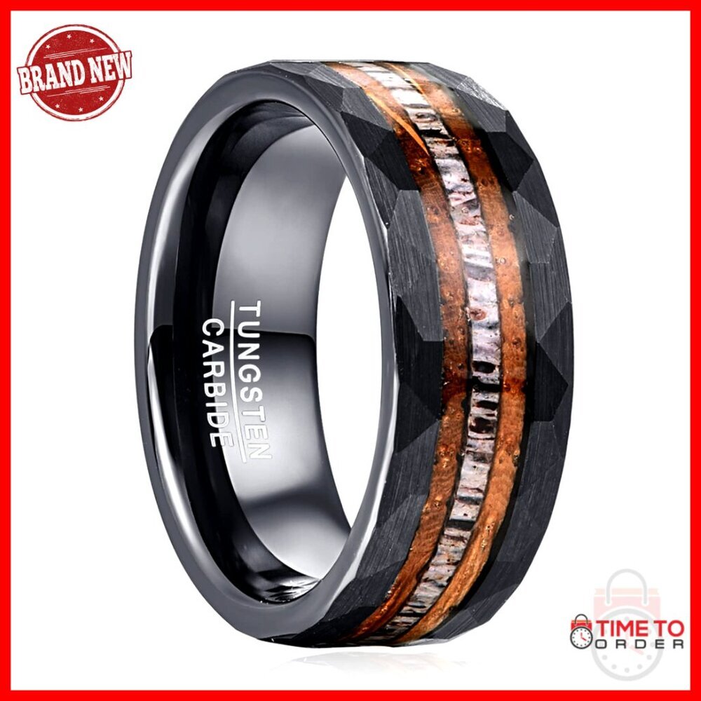 Tungsten Wedding Band with Wood Antler Inlay, Size 10, Men's Ring